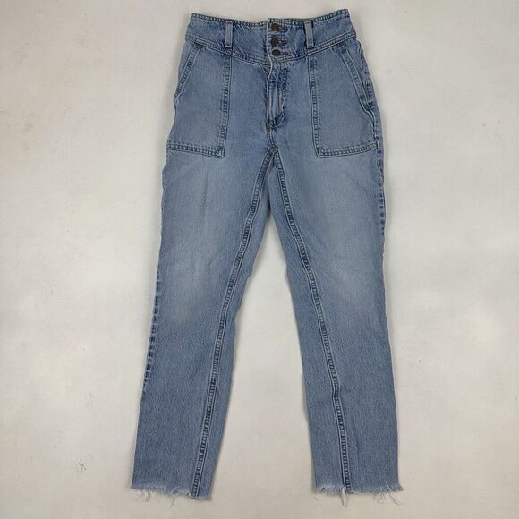 Abercrombie & Fitch 24 / 00 A&F Mom Jean Denim Blue High Rise Cut-Off Light Wash - Picture 2 of 11